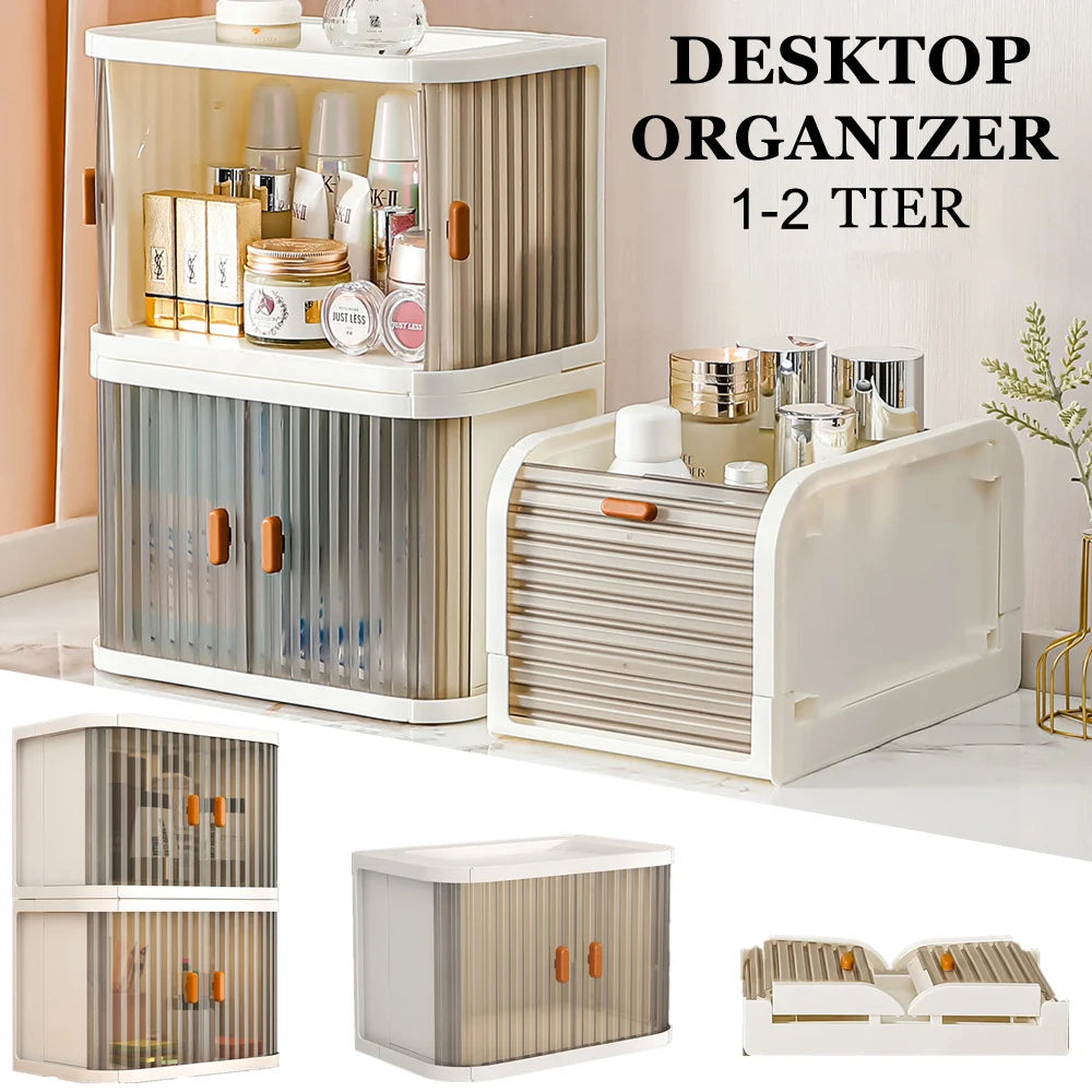 Collapsible Desktop Storage Box Rolling Door Stackable Plastic Organiser One Layer – White