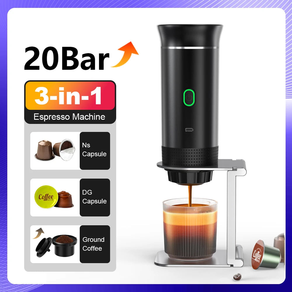 Wireless Portable Espresso Coffee Machine 3 in 1 Capsule and Ground Coffee Maker for Car Home and Camping - Black with bag