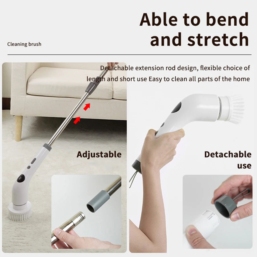 Cordless Electric Spin Scrubber Adjustable Cleaning Brush with 8 Brush Heads USB Rechargeable – White