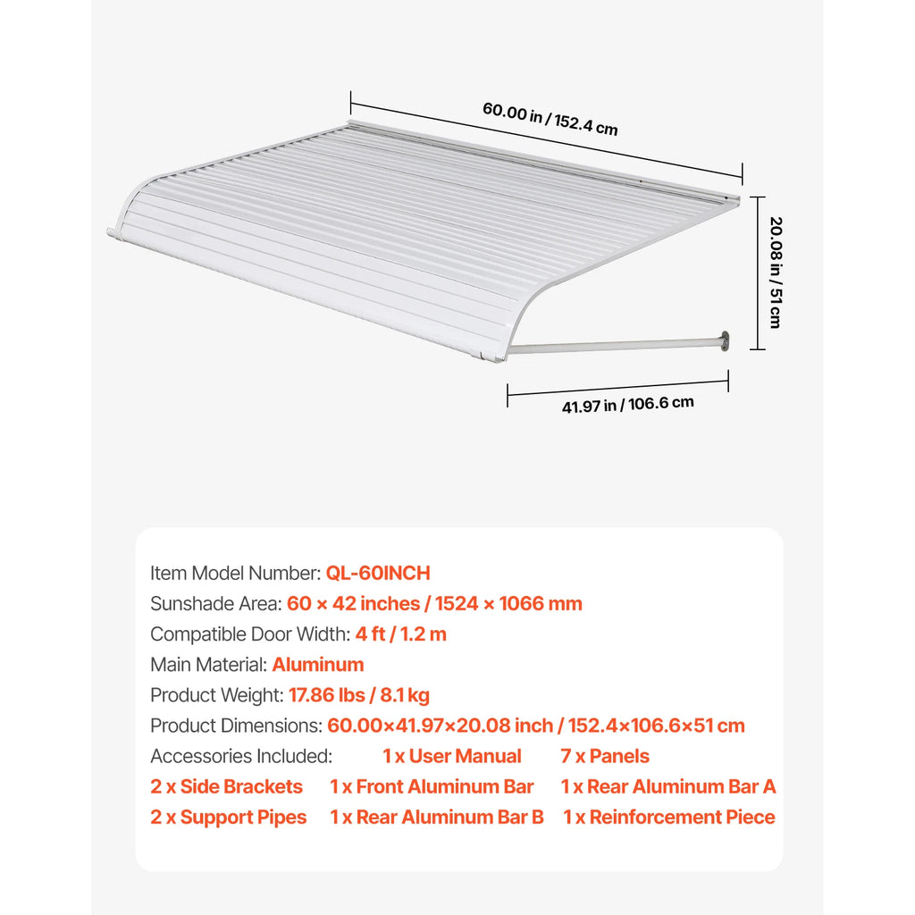 Aluminum Door Awning 40x42 Inch Exterior Canopy for Rain Sun Protection - 42x60x20 Inch
