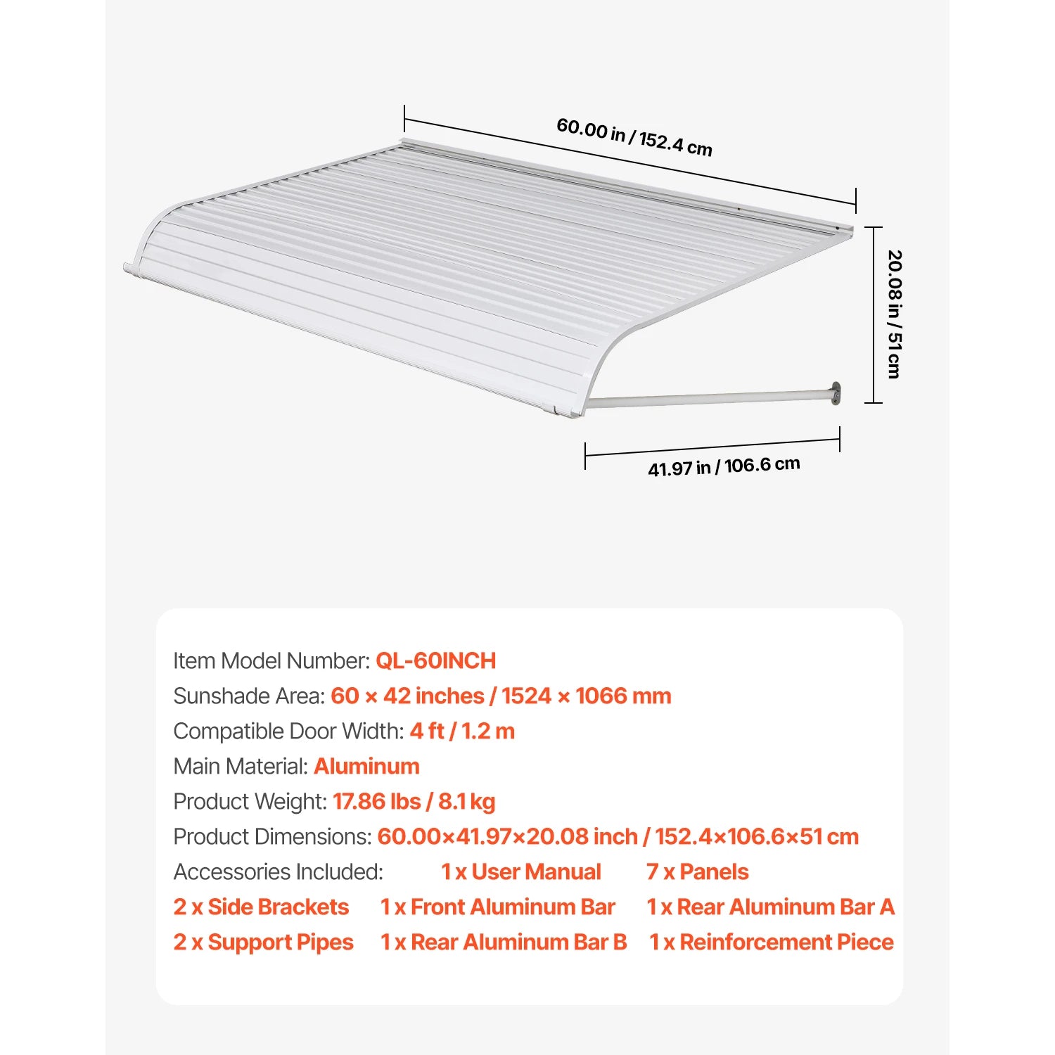 Aluminum Door Awning 40x42 Inch Exterior Canopy for Rain Sun Protection - 42x60x20 Inch