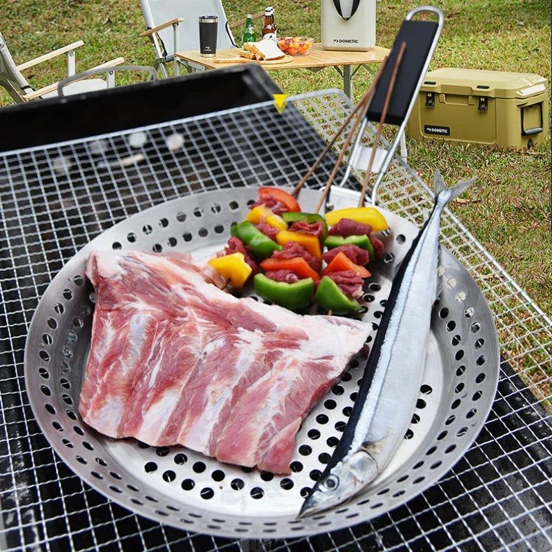 Grill Pan Stainless Steel Folding Stovetop Cooking Tray with Removable Handle - Black
