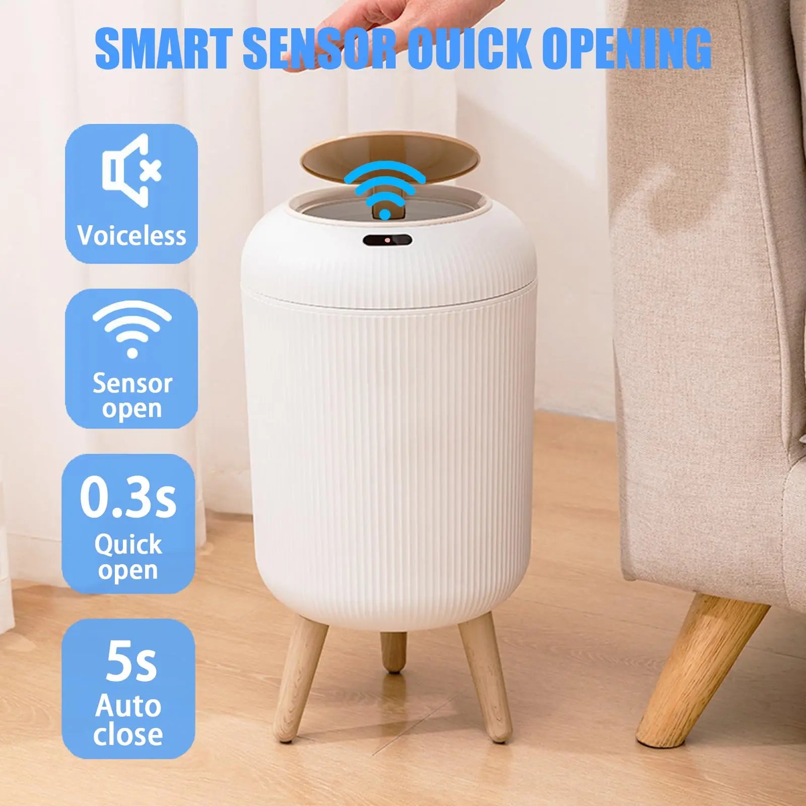 Automatic Trash Can Motion Sensor Portable Plastic Bin Heavy Duty - White