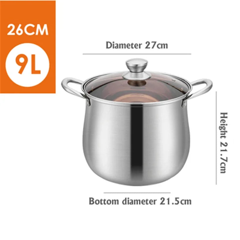 Soup Pot 26cm 9L Stainless Steel Deep Stock Cooking Pot with Glass Lid