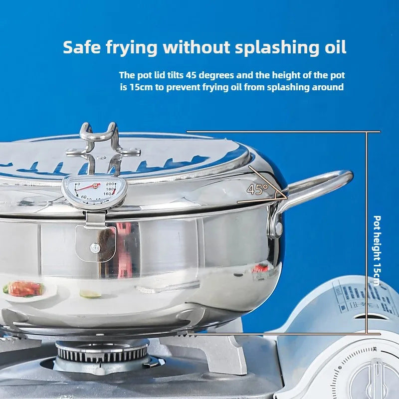 Deep Fryer 37 cm Stainless Steel Pot with Thermometer and Oil Draining Rack - Large