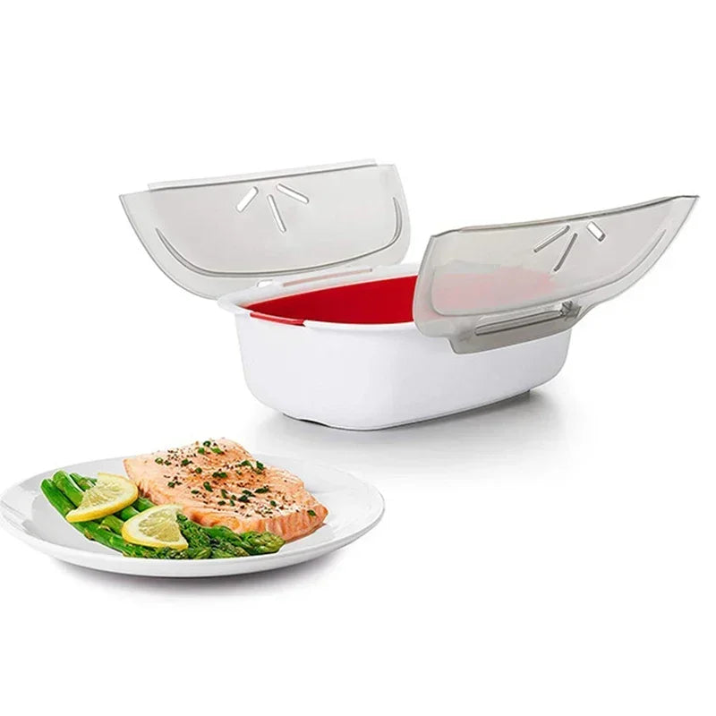 Microwave Food Steamer with Lid Large Capacity Plastic Steam Cooker for Vegetables Fish Dumplings and Buns – Red