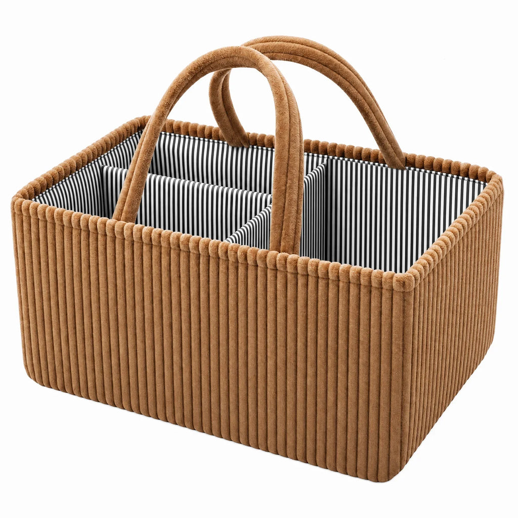 Foldable Diaper Caddy Organizer Corduroy Felt Storage Basket With Handles - Brown