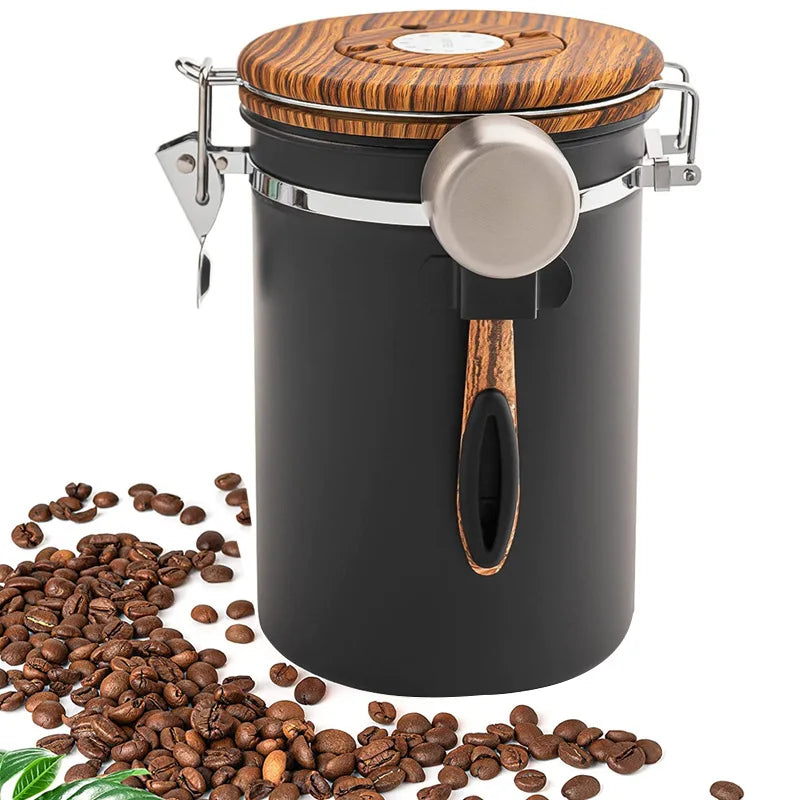 Coffee Storage Canister 1.8L Stainless Steel Airtight Container with Modern Design for Kitchen - Black