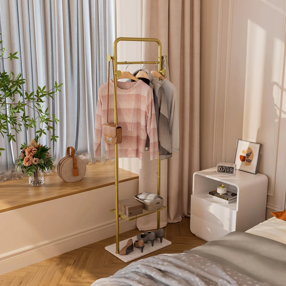 Coat Rack Stand 175cm Metal Corner Hall Tree with Marble Base 4 Hooks 2 Tier Shelf - Gold
