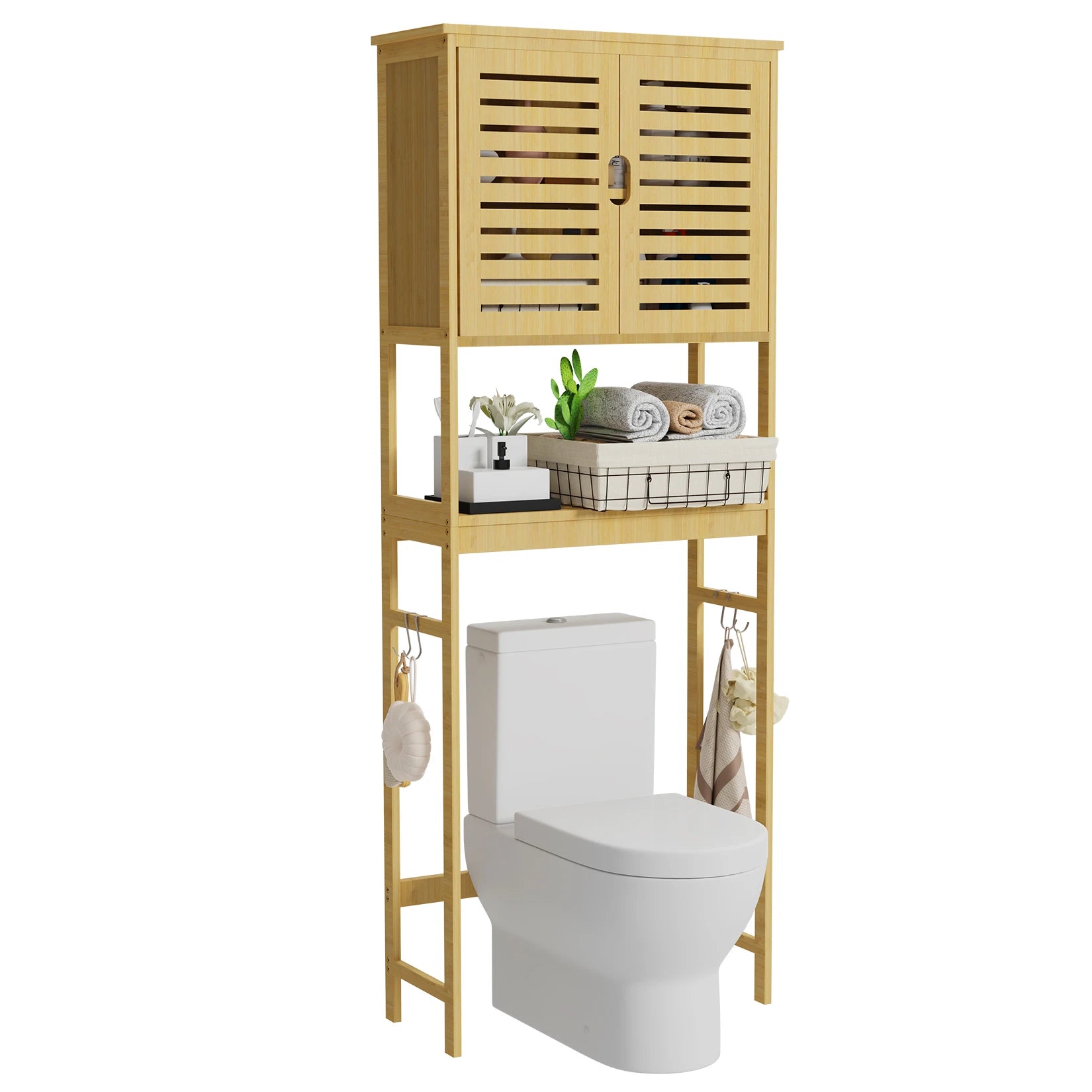 Over the Toilet Storage Cabinet with Adjustable Shelves Freestanding Bamboo Bathroom Organizer – Natural Wood