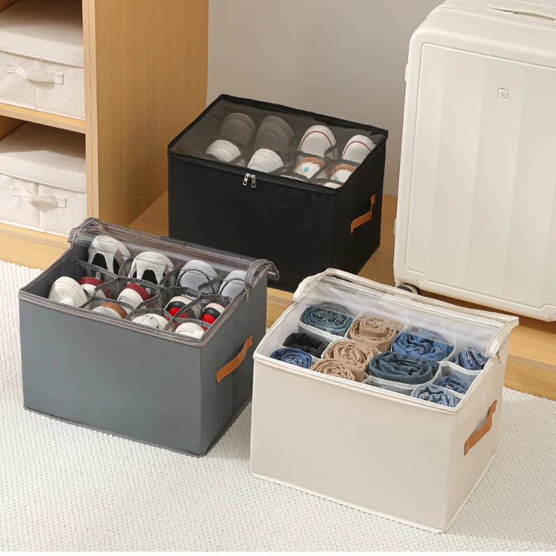 Shoe Storage Box Foldable Clear Cover with Adjustable Dividers - Grey