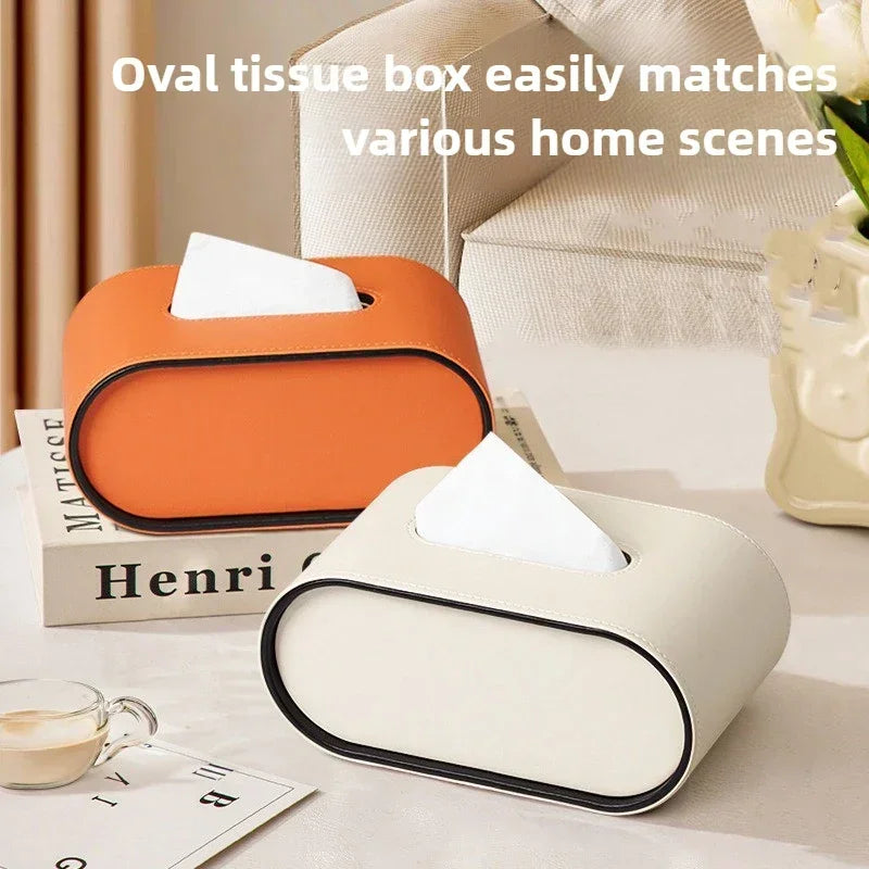 Luxury Leather Tissue Box Holder Modern Oval Napkin Storage – White