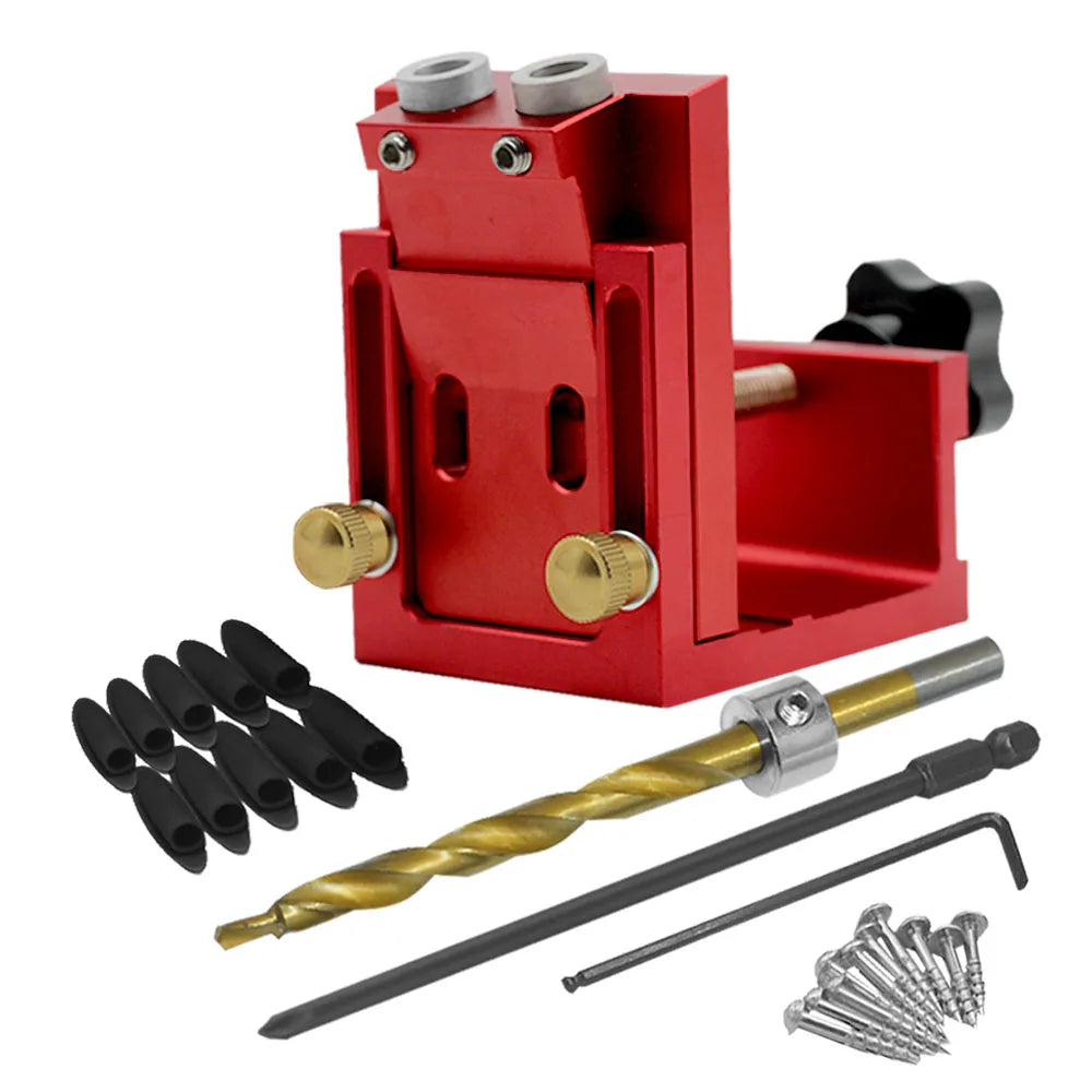 Pocket Hole Jig Kit with Drill Guide Step Drill Bit Screws and Wooden Plugs for Woodworking Red