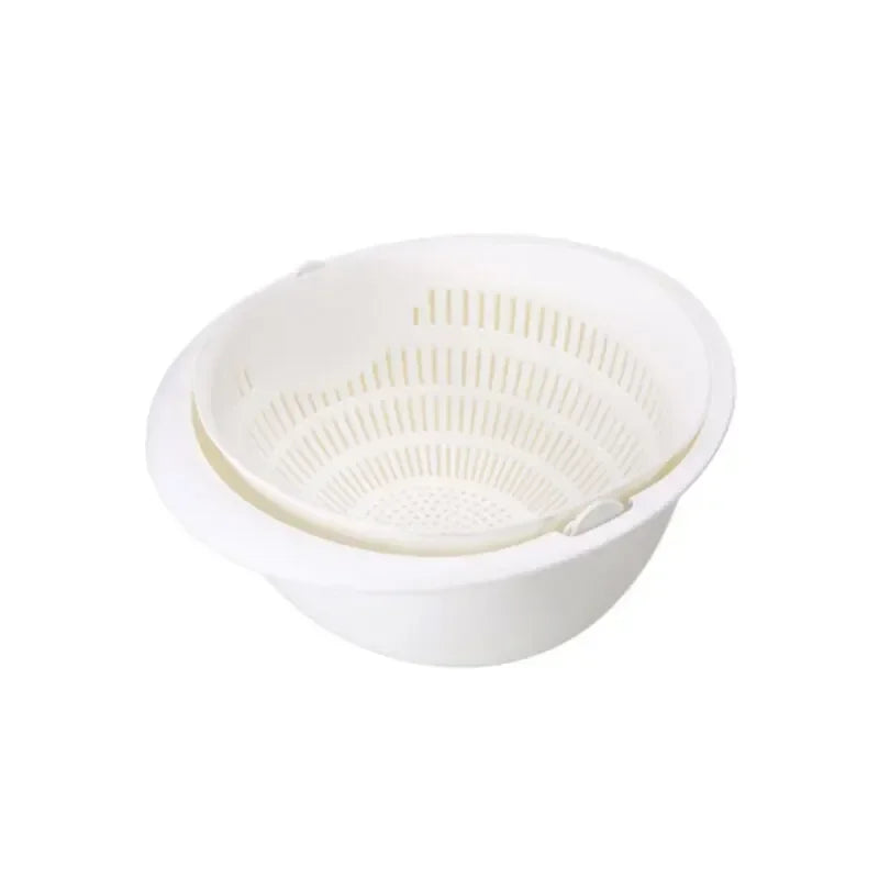 Rotating Double Layer Colander Bowl Fruit Vegetable Washing Drain Basket – White