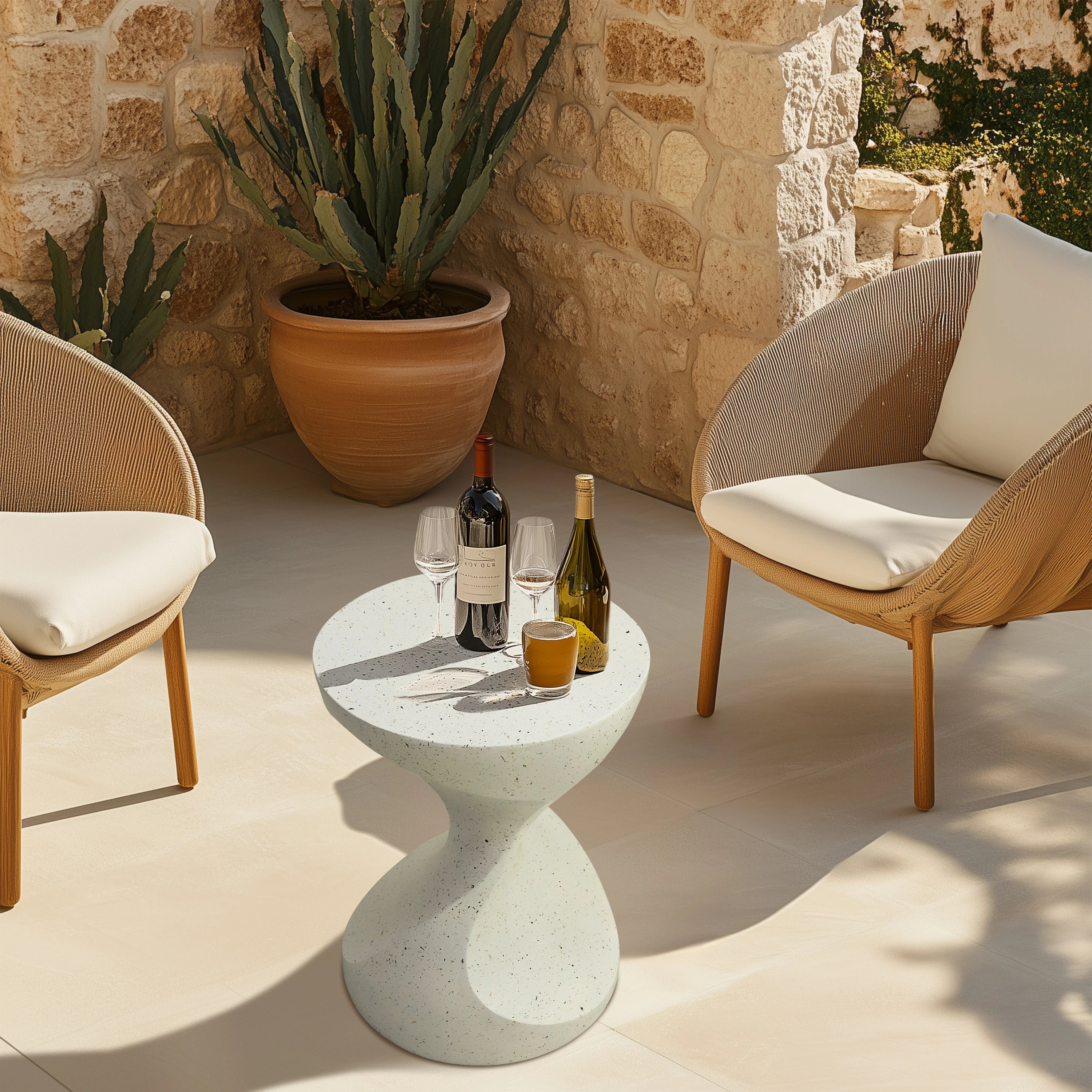 Side Table Concrete 37.5cm Hourglass Shaped Round Accent End Unit – White