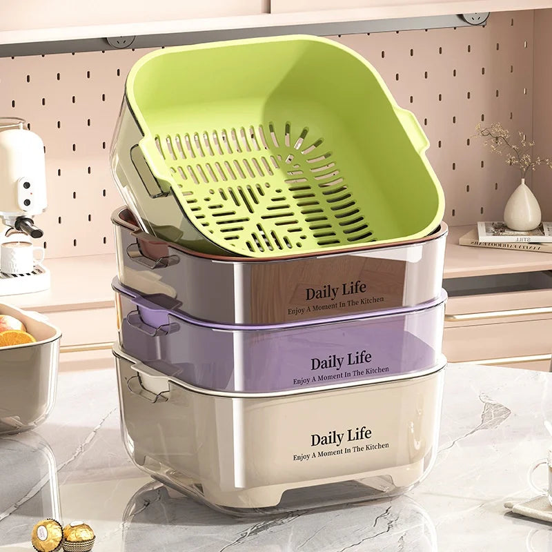 Double Layer Vegetable Wash Basin Colander Basket with Drainage Bowl – White