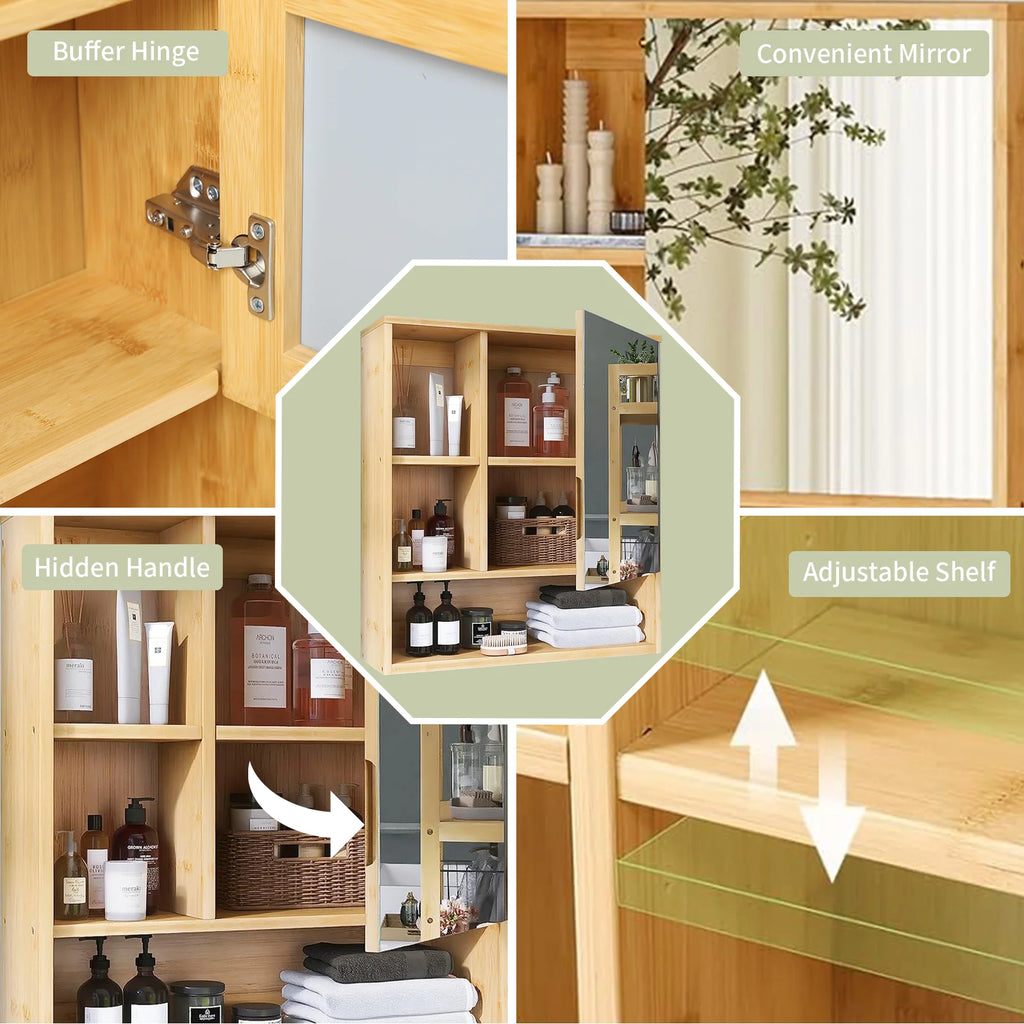 Wall Mounted Bamboo Bathroom Mirror Cabinet with Storage Shelves Medicine Cabinet Organizer – Natural Wood