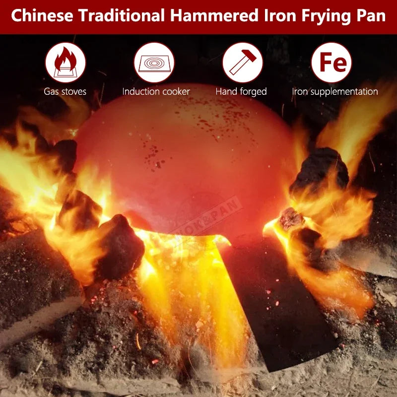 Iron Frying Pan 30cm Hand Hammered Round Bottom Induction Compatible – Blue
