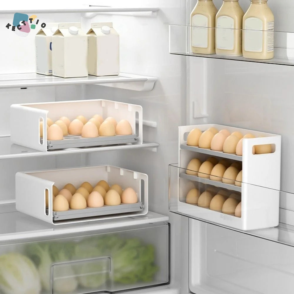 Egg Storage Box 30 Grid 3 Tier Flip-Top Plastic Fridge Organiser - White