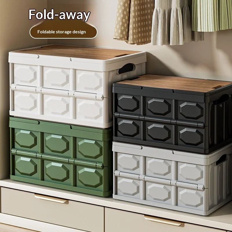Foldable Camping Storage Box with Wooden Lid, Portable Stackable Organizer for Travel - White