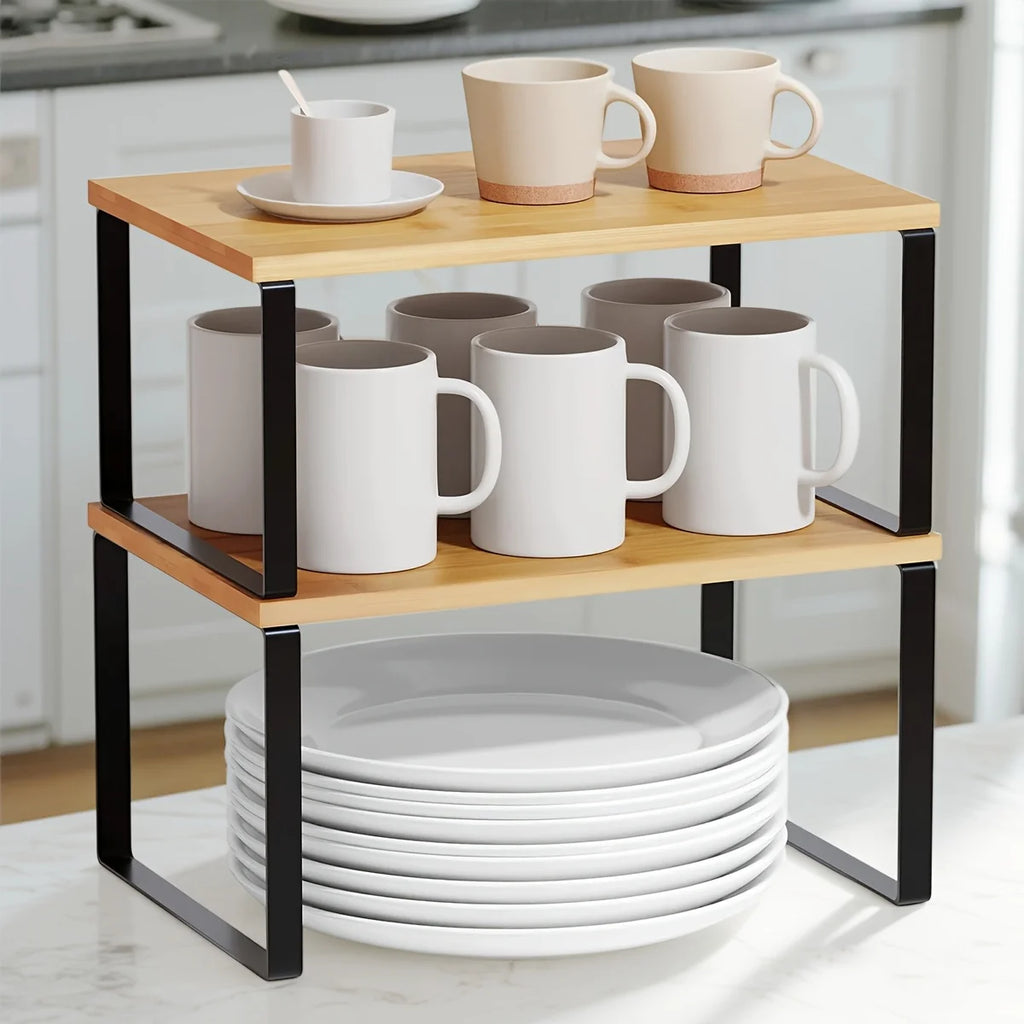 Portable Stackable Kitchen Counter Shelf Organizer Set of 2 Wooden Cabinet Storage Rack - Black