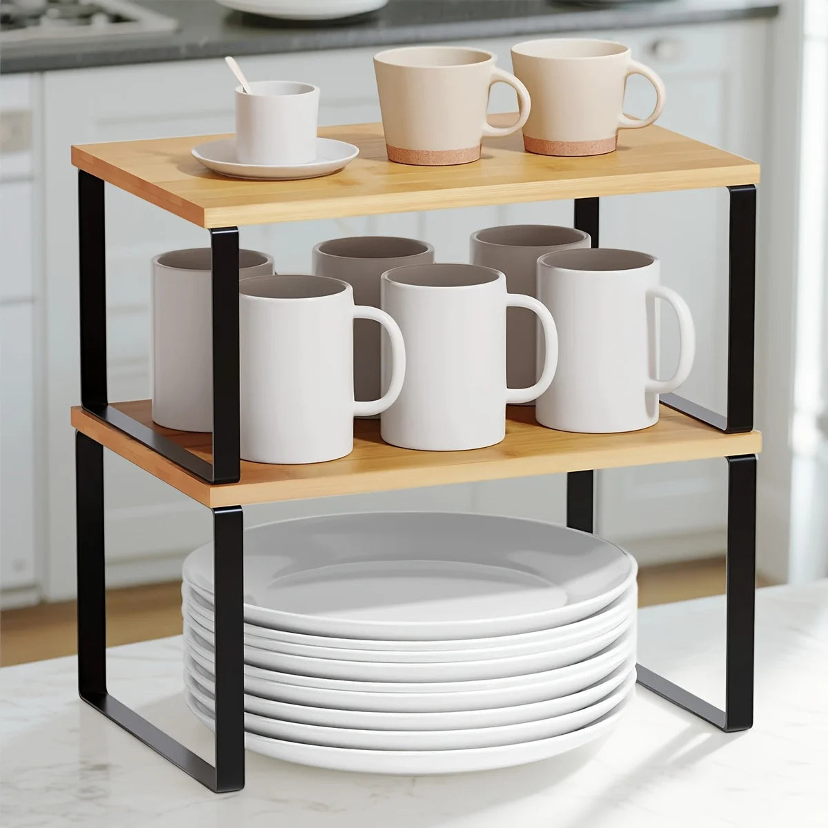 Portable Stackable Kitchen Counter Shelf Organizer Set of 2 Wooden Cabinet Storage Rack - Black