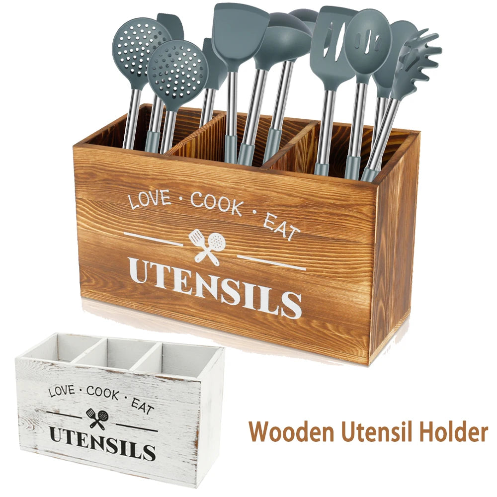 Utensil Holder 3 Compartment 30 × 12 × 17.5 cm Wooden Kitchen Cutlery Organiser - Brown