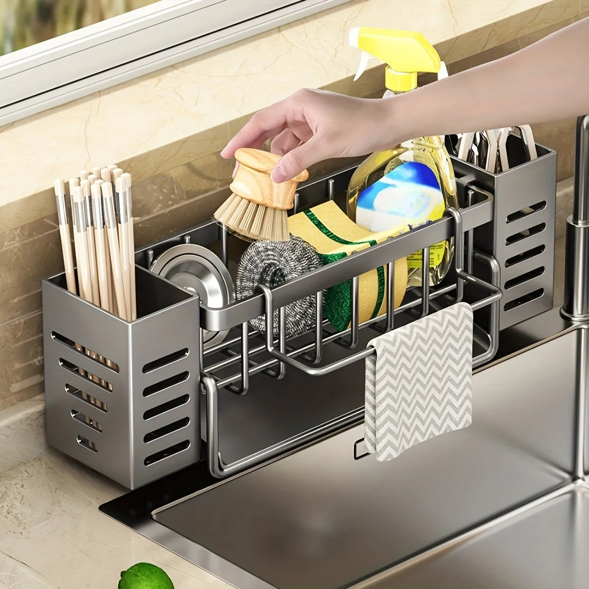 Sink Caddy Self Draining Sponge and Brush Holder Kitchen Sink Organiser - Grey