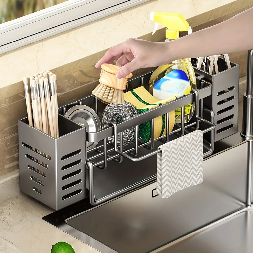 Sink Caddy Self Draining Sponge and Brush Holder Kitchen Sink Organiser - White