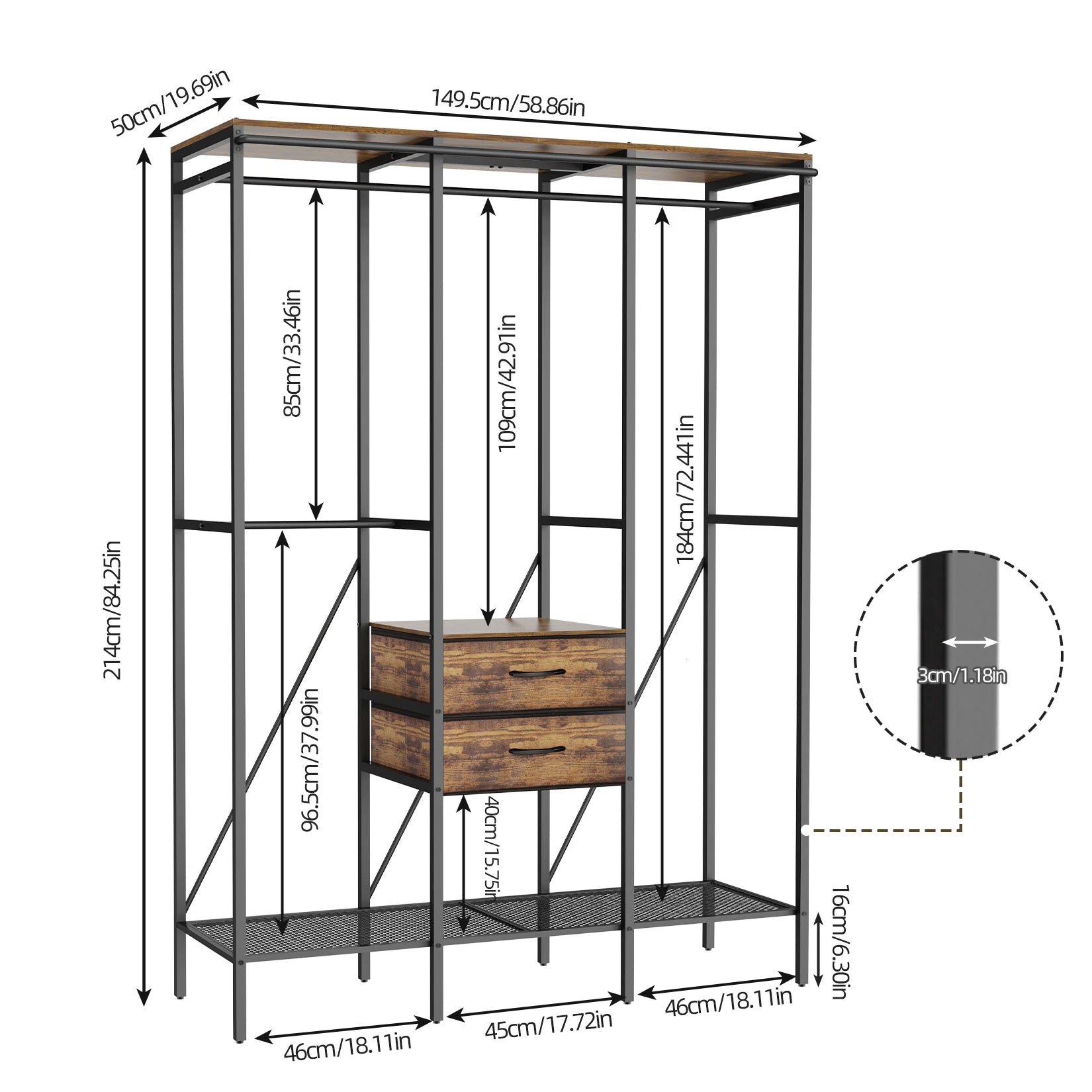 Industrial Clothes Rack Wardrobe with Shelves Drawers and Hanging Rail - Black