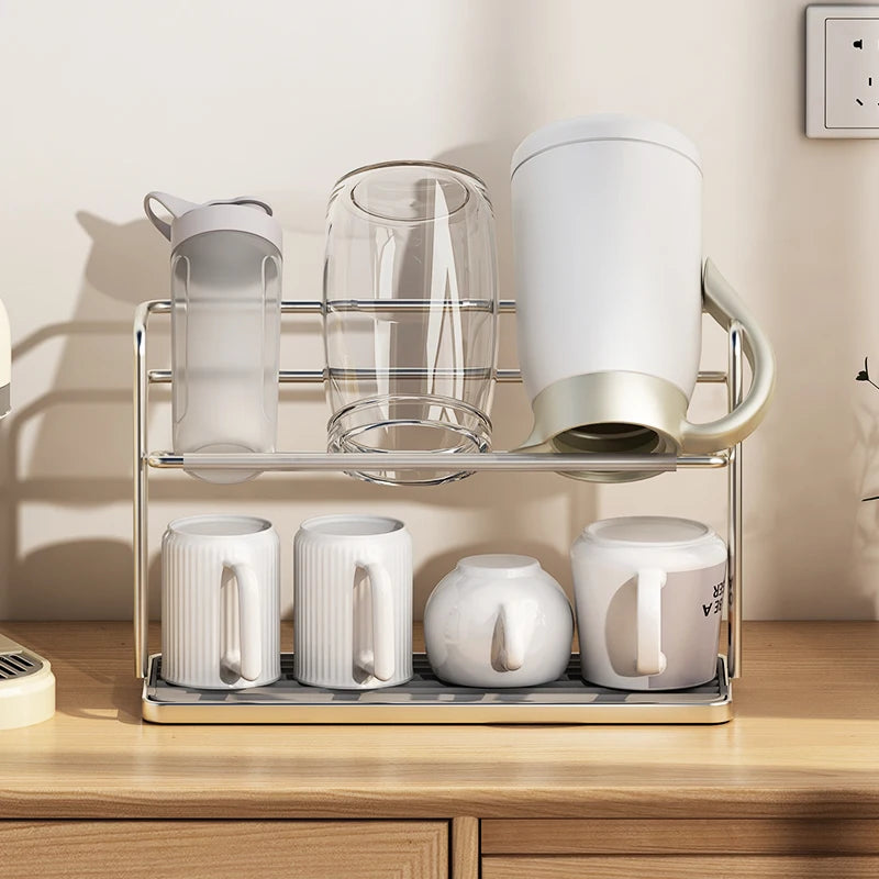 Cup Drying Rack Double Layer Stainless Steel Kitchen Cup Holder Drain Tray Organiser