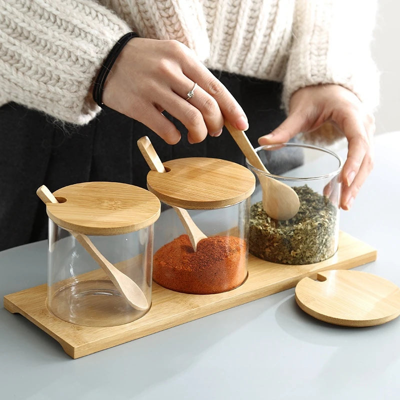Spice Jar Set 3 Piece Glass 30 cm Bamboo Lid Containers with Spoons for Salt Sugar and Seasonings