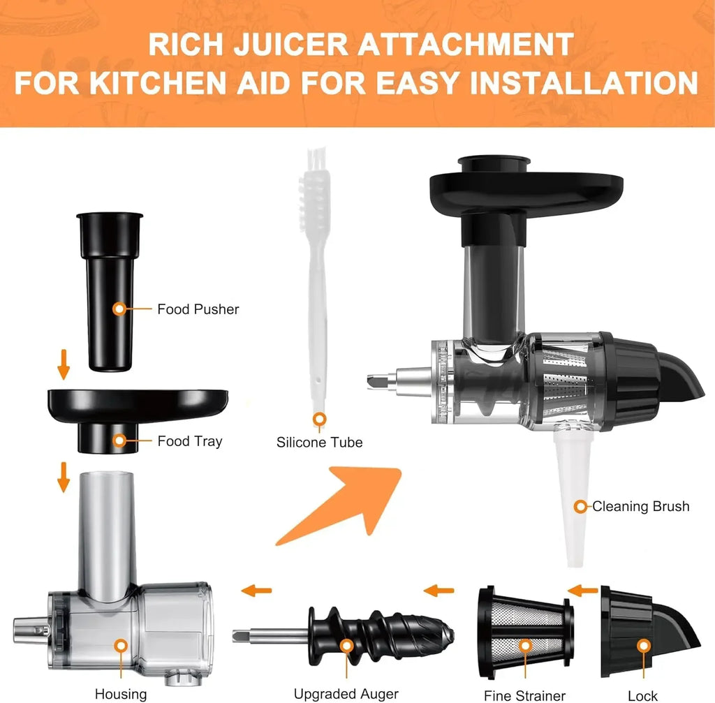 Masticating Juicer Attachment Slow Juice Extractor Accessory with Cleaning Brush for Stand Mixer – Black