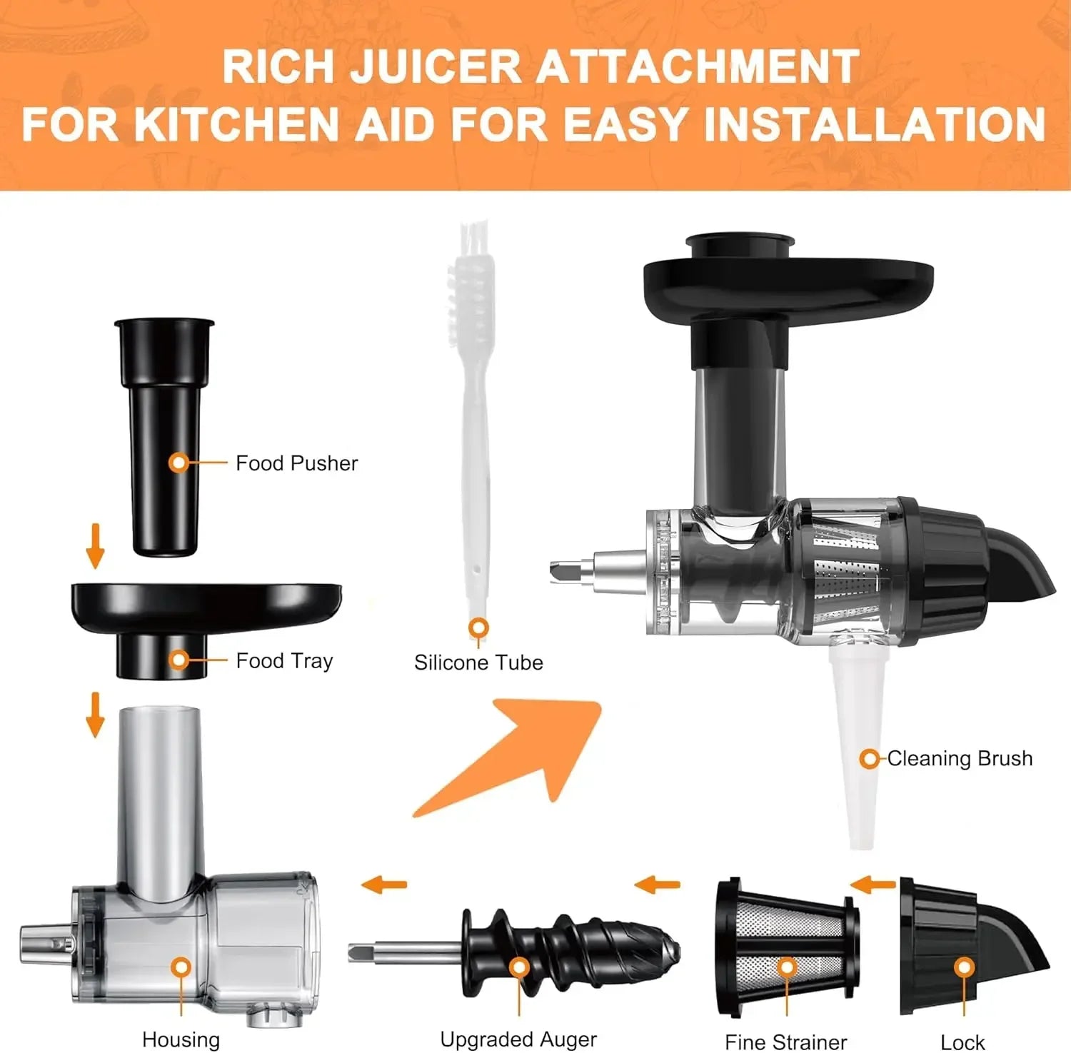 Masticating Juicer Attachment Slow Juice Extractor Accessory with Cleaning Brush for Stand Mixer – Black