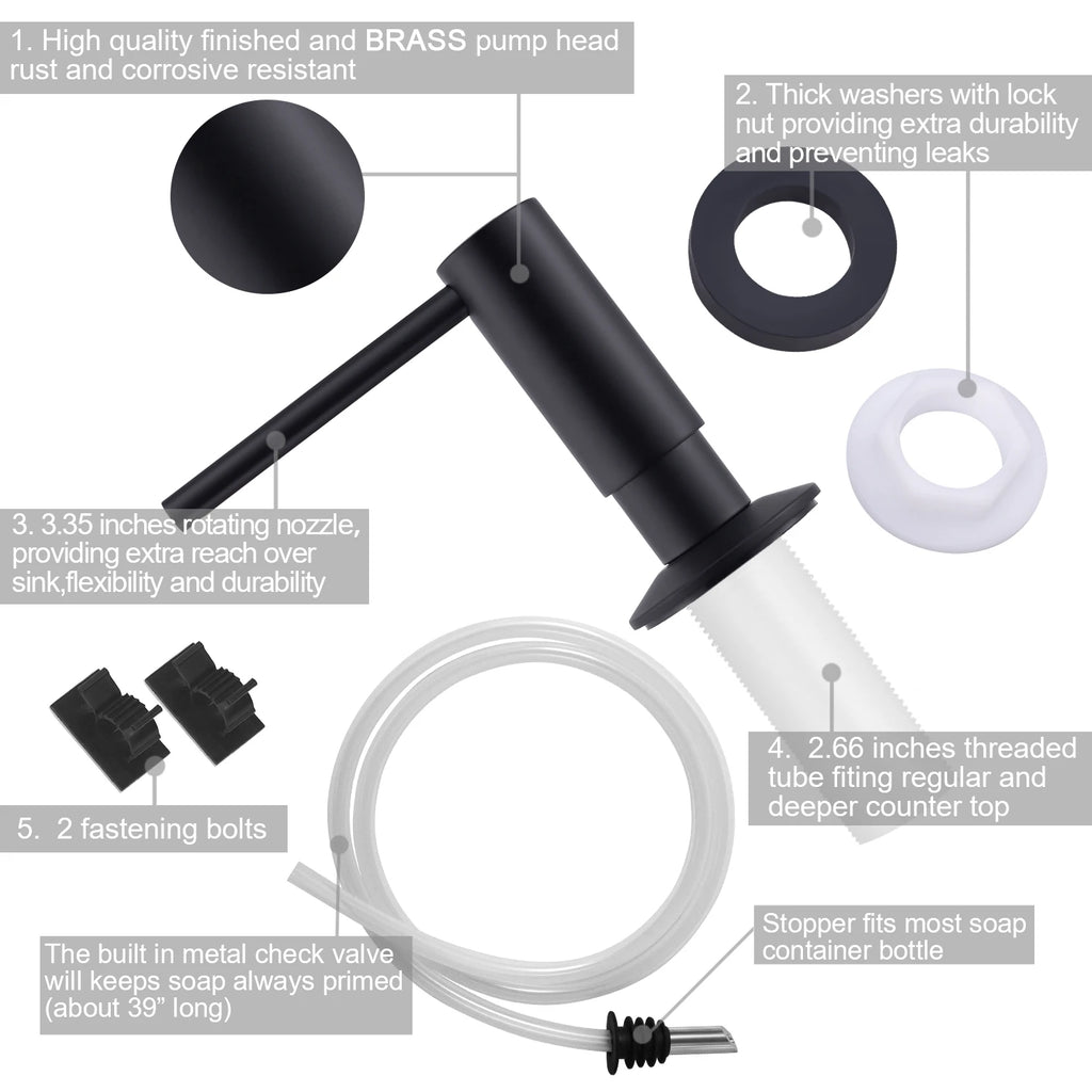 Black Kitchen Sink Soap Dispenser with 1m Extension Tube Brass Pump Built-In Liquid Soap Dispenser Kit