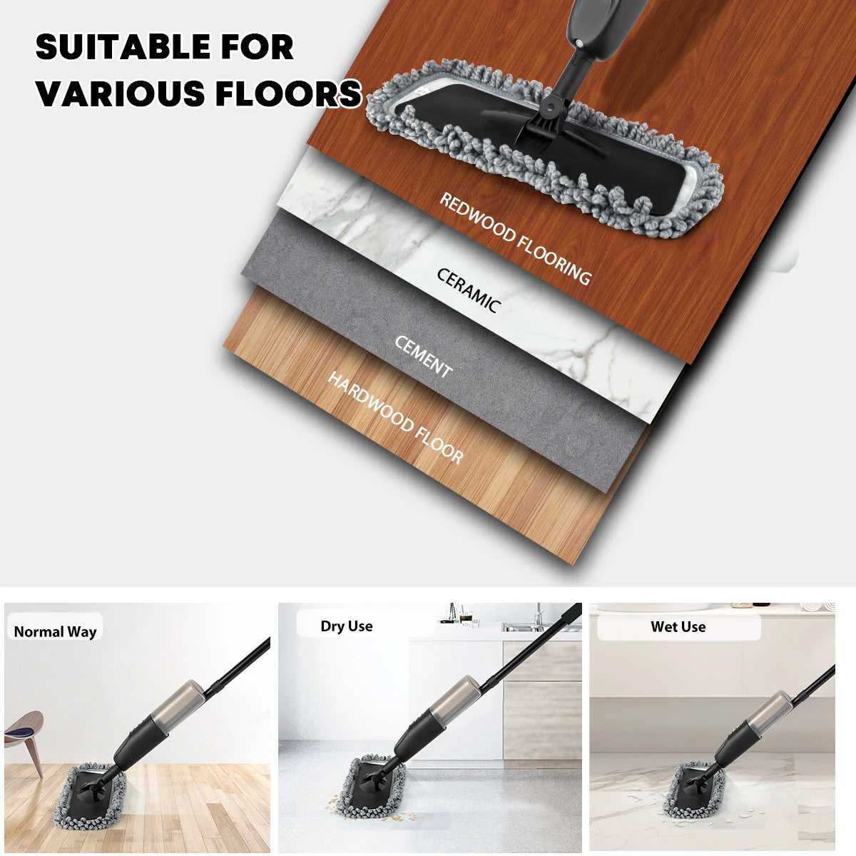 Spray Mop with 500ml Bottle Microfiber Floor Cleaner with 2 Pads Wet Dry Use Black