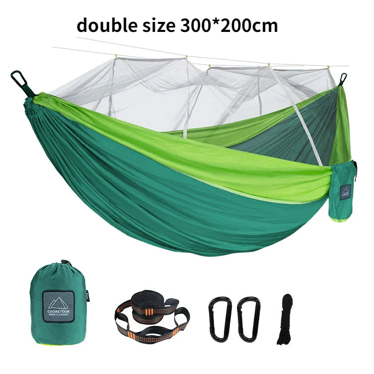 Camping Hammock Double Size Portable Nylon Hanging Bed with Mosquito Net 300cm - Green