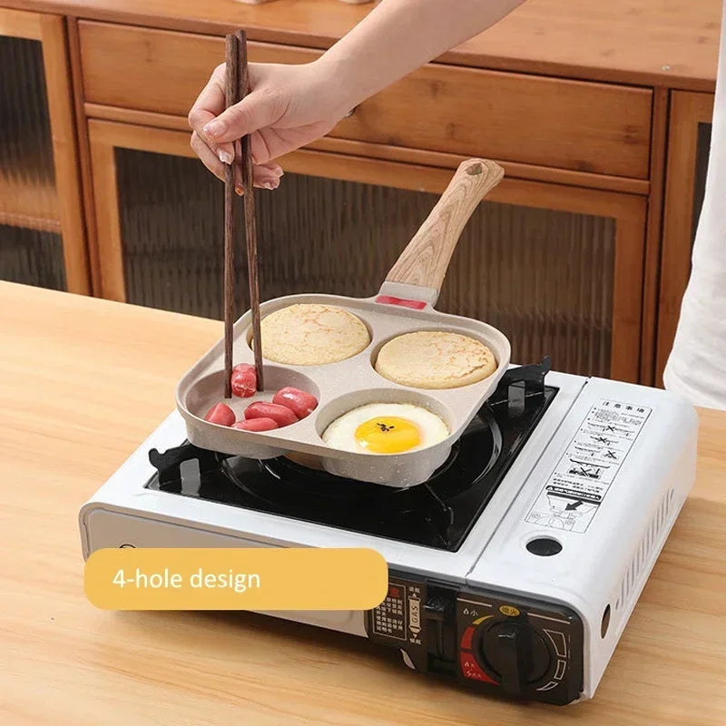 Omelet Pan 4 Hole Non Stick Frying Pan with Glass Lid for Gas and Induction Cooking - White