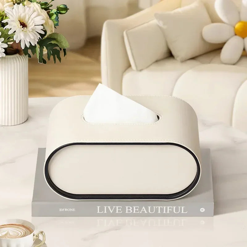 Luxury Leather Tissue Box Holder Modern Oval Napkin Storage – White