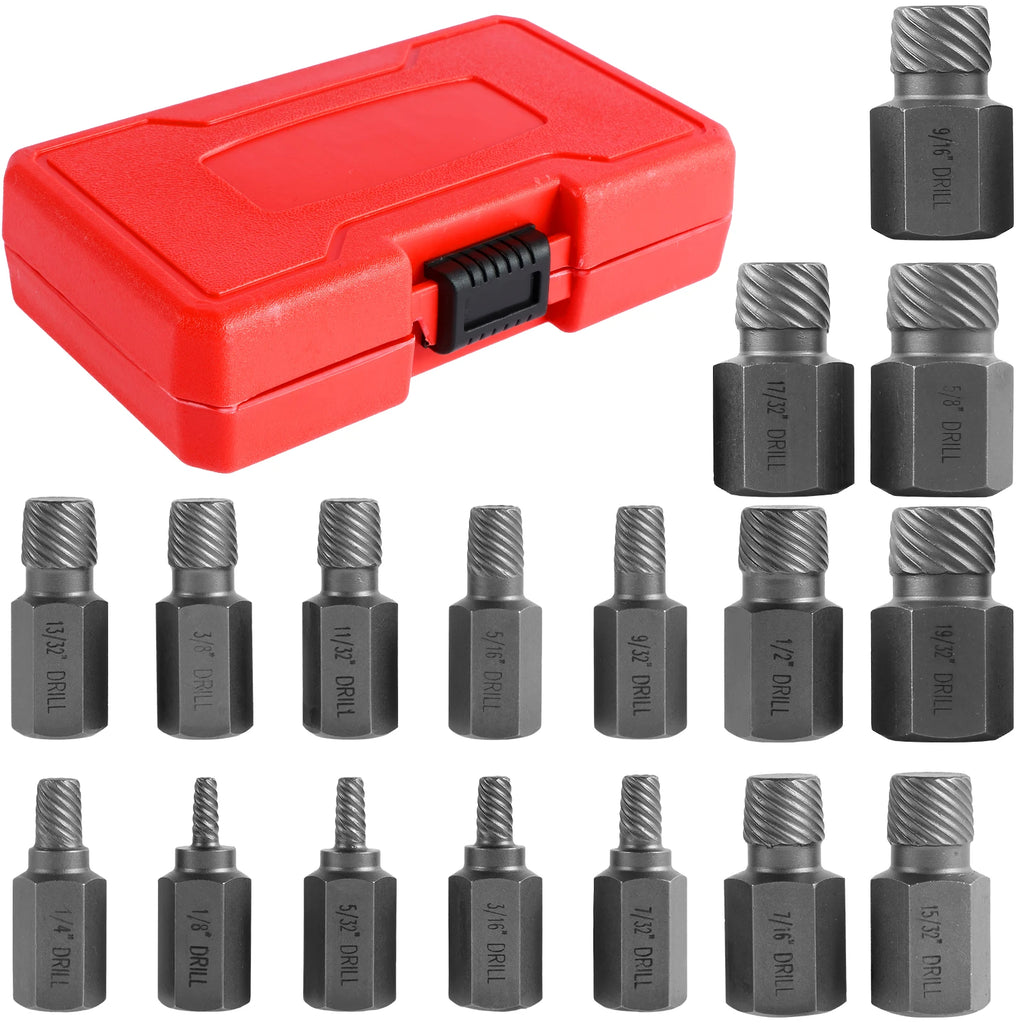 Bolt Extractor Set Heavy Duty Chrome Molybdenum Steel Spiral Screw Remover Kit Multi-Size 15-Piece