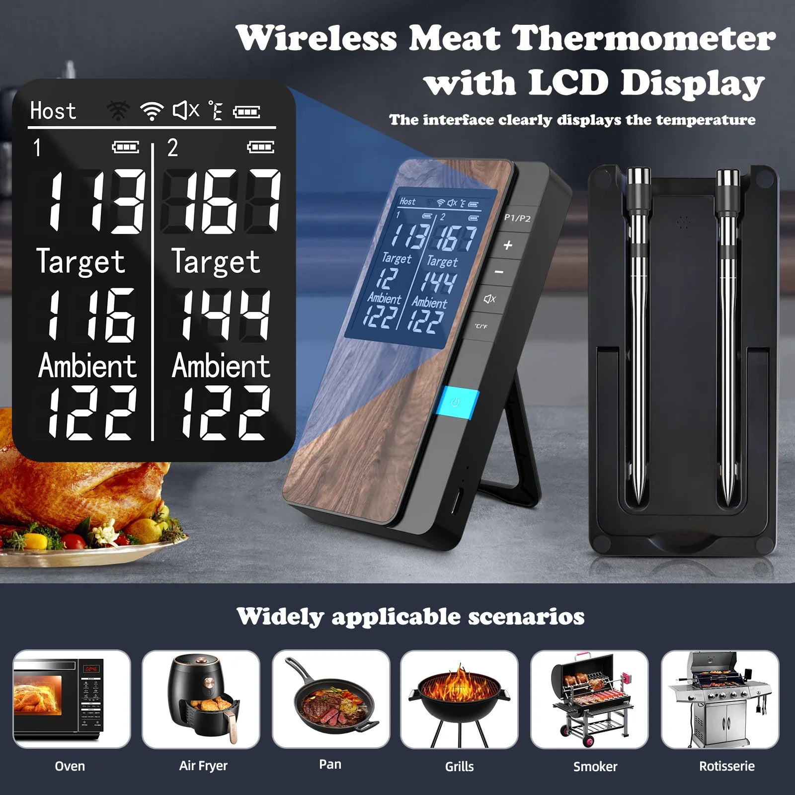 Wireless Meat Thermometer 2 Probe Digital Bluetooth with LCD Screen Rechargeable for BBQ Oven Rotisserie
