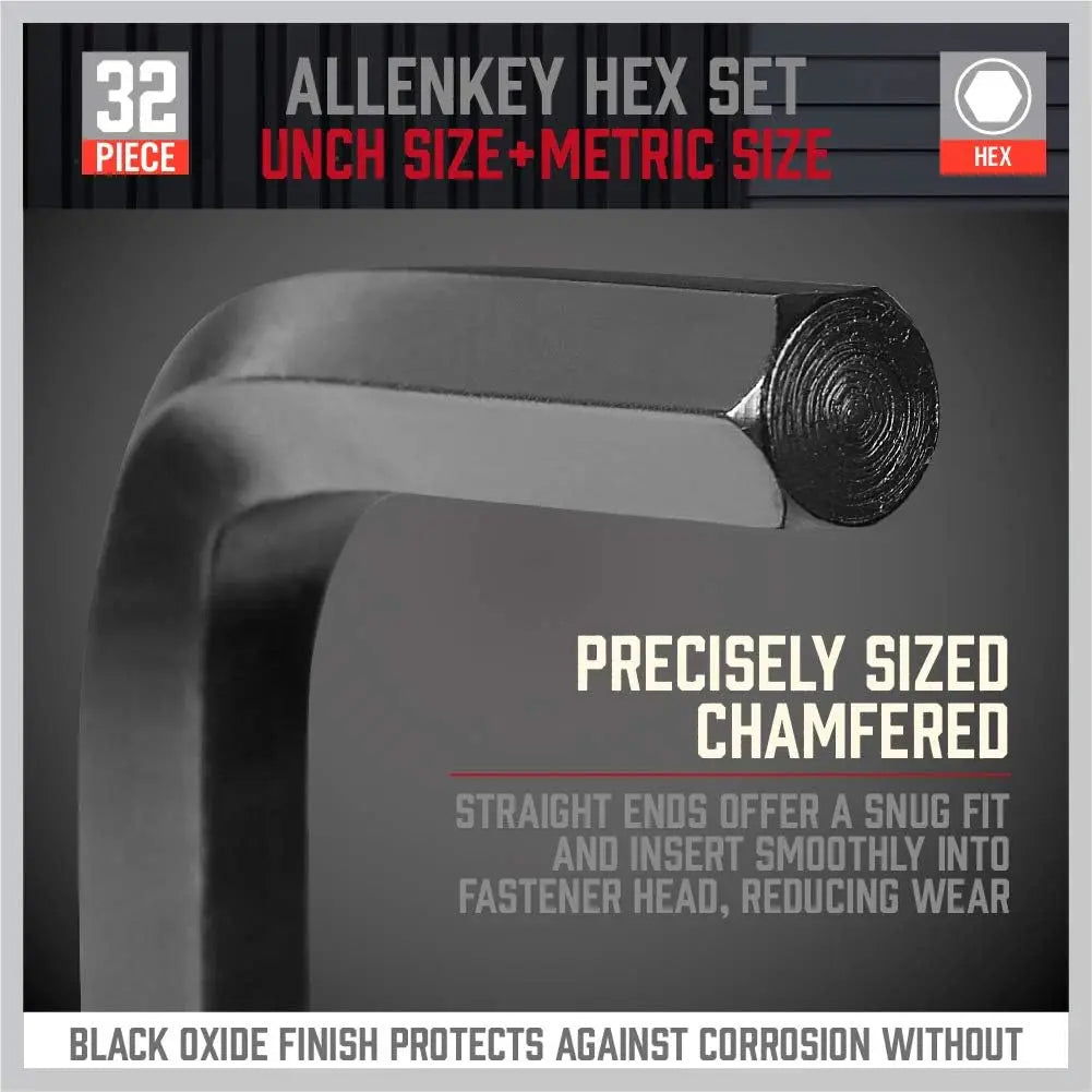 Heavy Duty 32 Piece Hex Key Wrench Set Metric & SAE L-Shape Allen Keys with Extension Handles