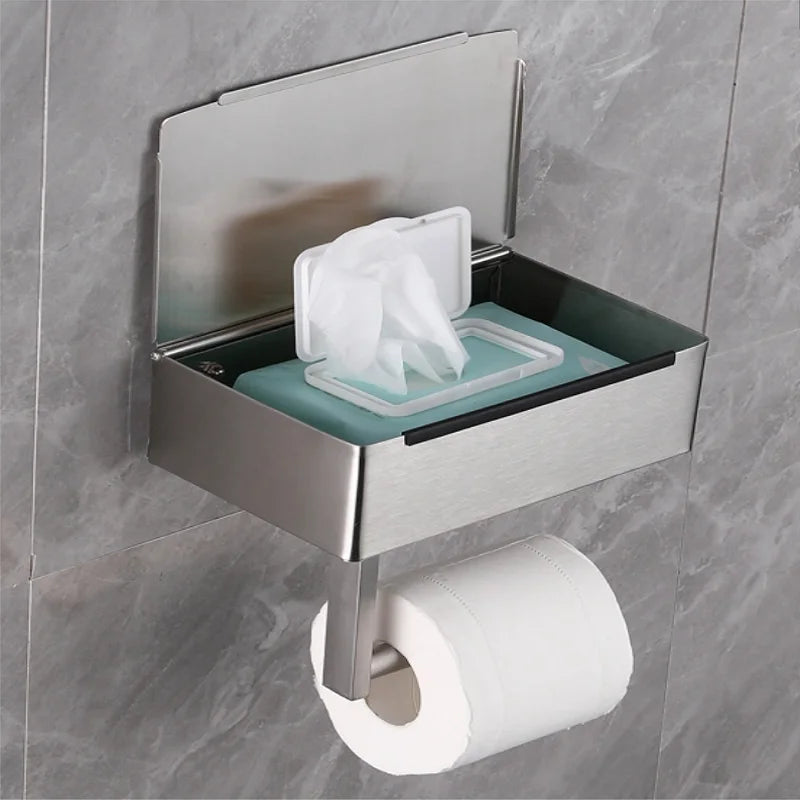 Toilet Paper Holder Stainless Steel Wall Mounted Tissue Holder with Shelf Wipes Storage Box