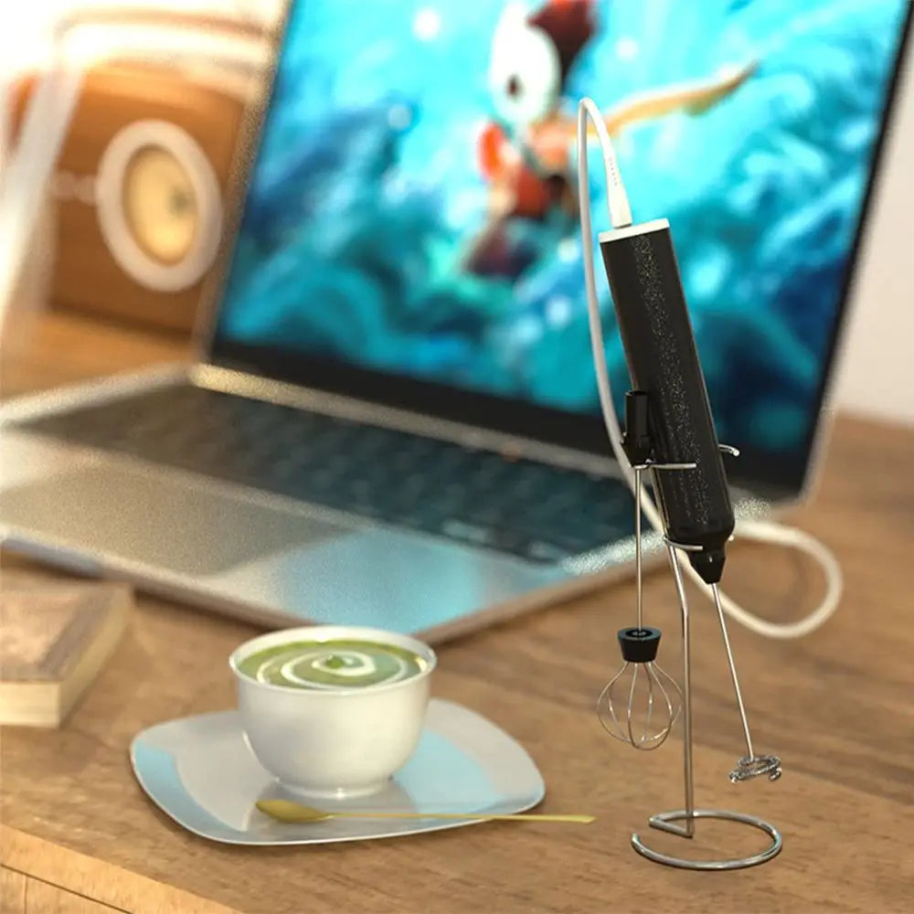 Electric Milk Frother 3-Speed USB Rechargeable Coffee Foamer Whisk Mixer with Stand – Green