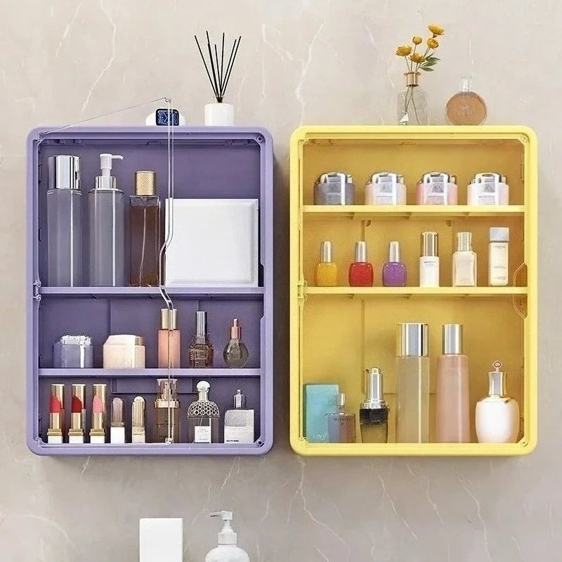 Multi Layer Wall Mounted Bathroom Organizer Cabinet No Drill Cosmetic Storage Display Shelf with Removable Shelves – Yellow