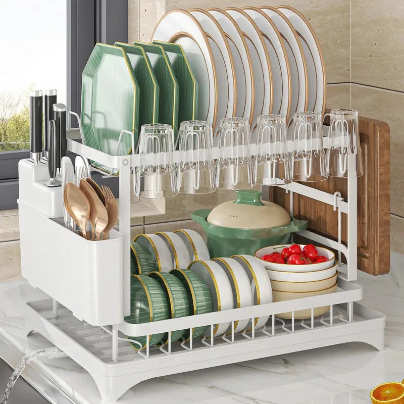 Stainless Steel Dish Rack – 2-Tier Hygienic Drying – Premium Carbon Steel Kitchen Organizer – Space-Saving White