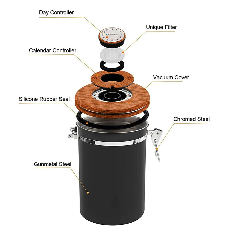 Coffee Storage Canister 1.8L Stainless Steel Airtight Container with Modern Design for Kitchen - Black