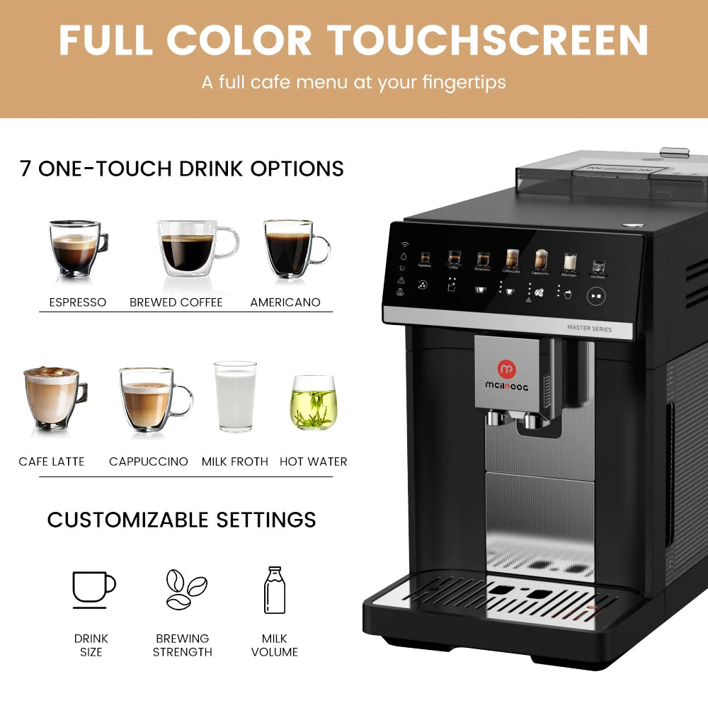 Coffee Machine 1785W Automatic Espresso Maker with Burr Grinder and Milk Frother – White