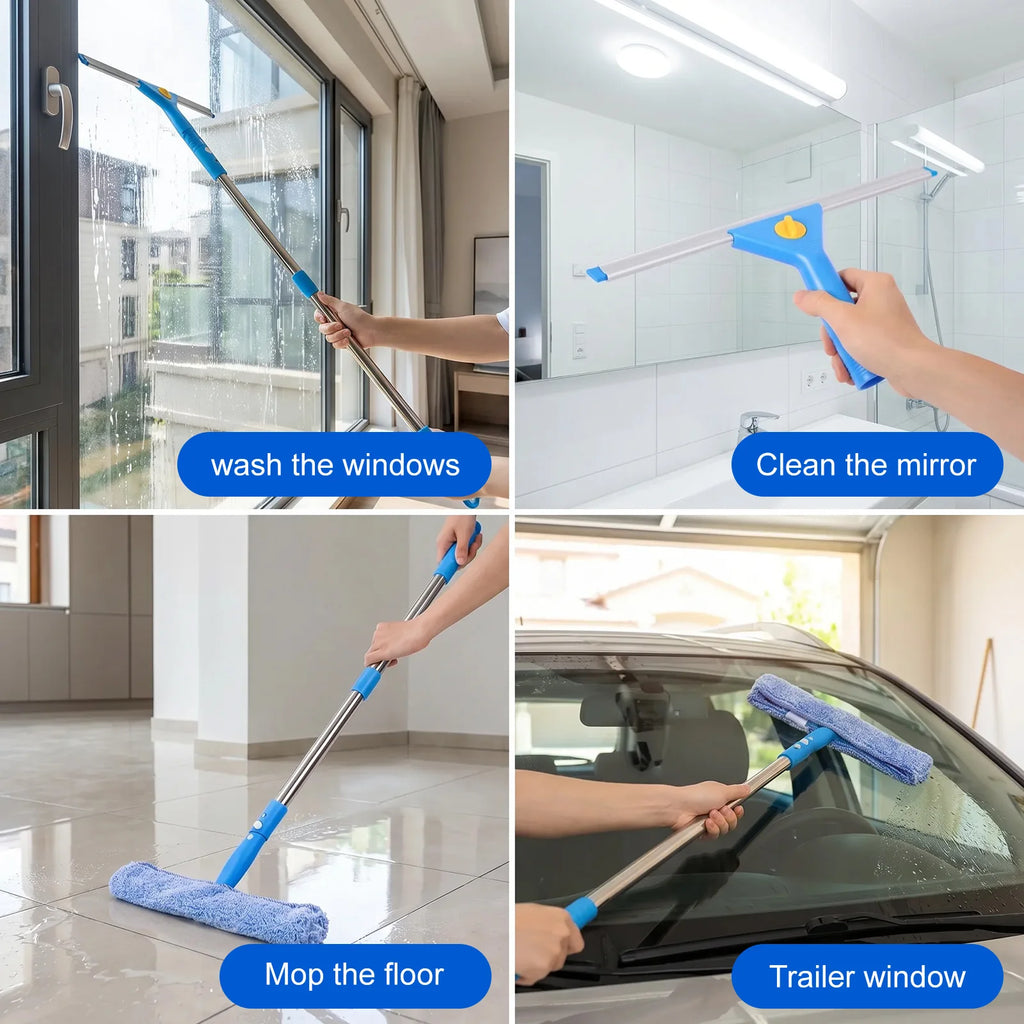 Window Cleaning Kit 12L Adjustable Long Handle Squeegee and Microfibre Scrubber with Bucket