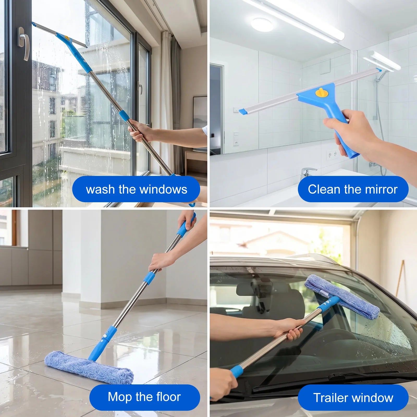 Window Cleaning Kit 12L Adjustable Long Handle Squeegee and Microfibre Scrubber with Bucket